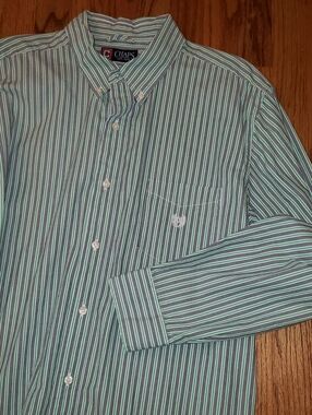 Vtg-Chaps Men's Shirt with Green, Blue and White Stripes Size: XL/TG